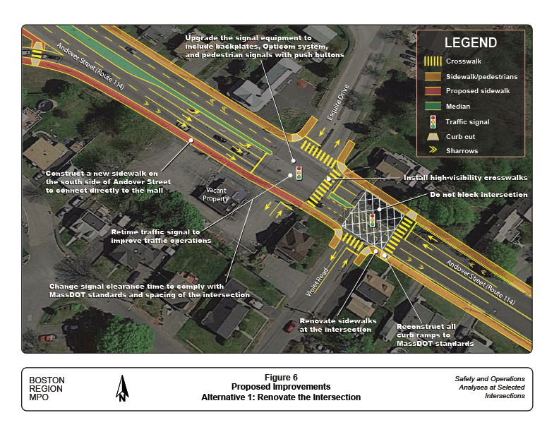 Figure 6 (landscape orientation) presents an aerial photo of the study area superimposed with a computer-drawn diagram that shows the renovations proposed in Alternative 1.